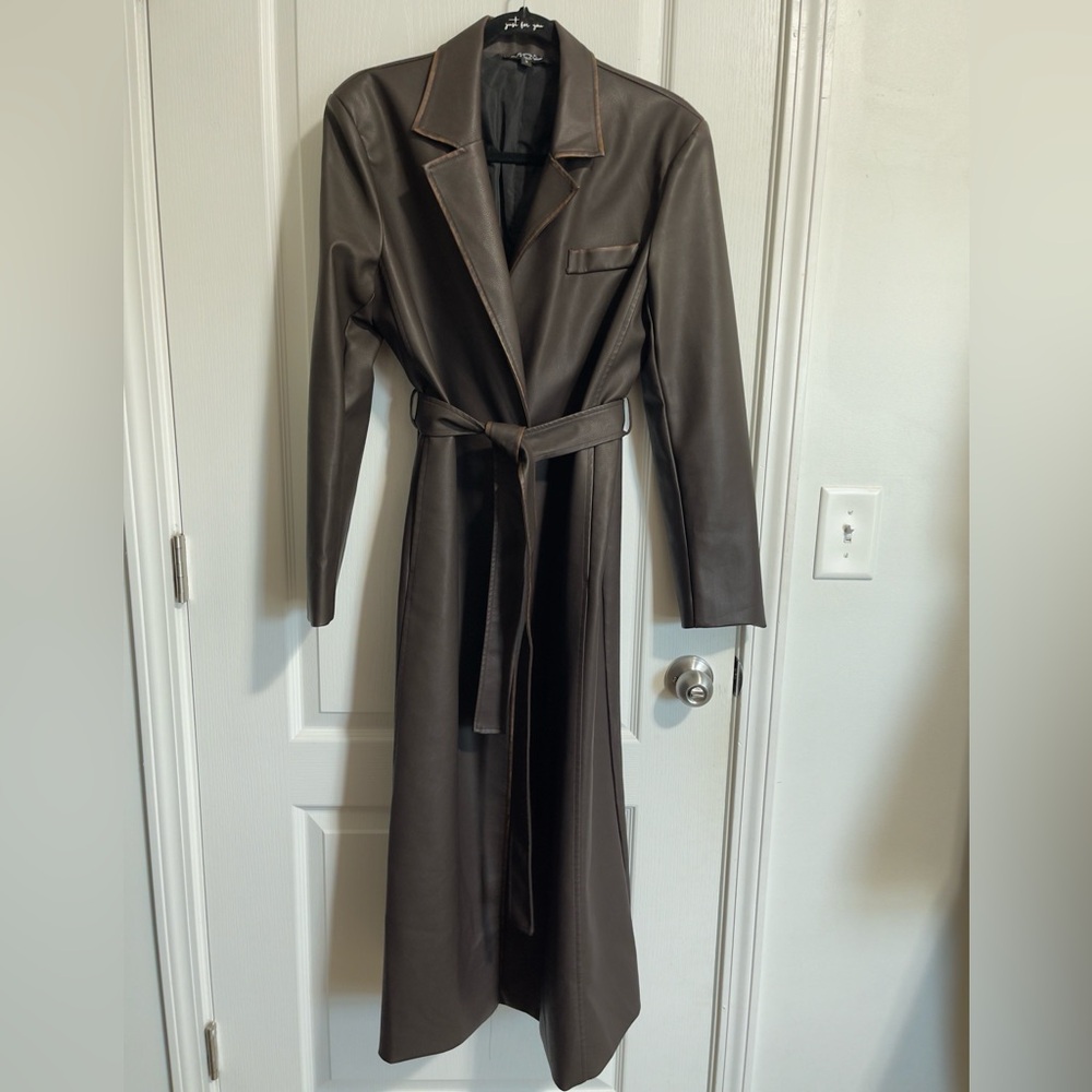 Women’s Brown Faux Leather Long Trench Coat Belted Vegan Leather Maxi Jacket